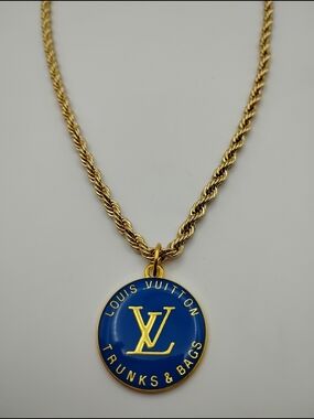 Louis Vuitton Blue & Gold Medallion Charm On A 14K Over Sterling Silver Necklace